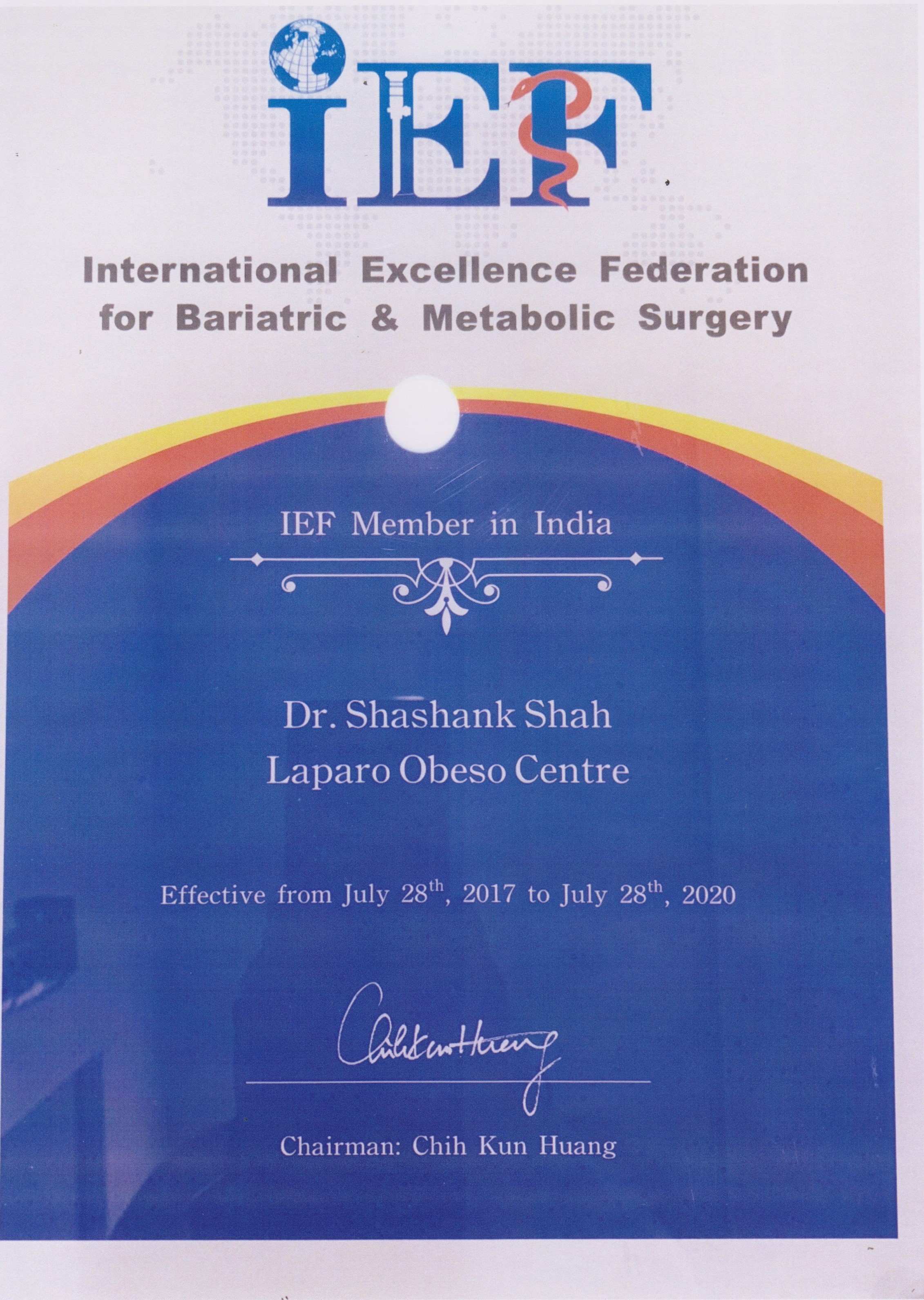 Dr Shashank Shah and Laparo Obeso Centre is the International Excellence Federation (IEF) Member, India from 2017-2020.


